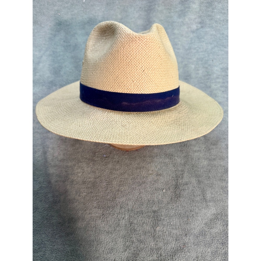 Dobbs Fifth Avenue Straw Fedora Hat Tan Navy Blue Band Mens‎ Vintage Style